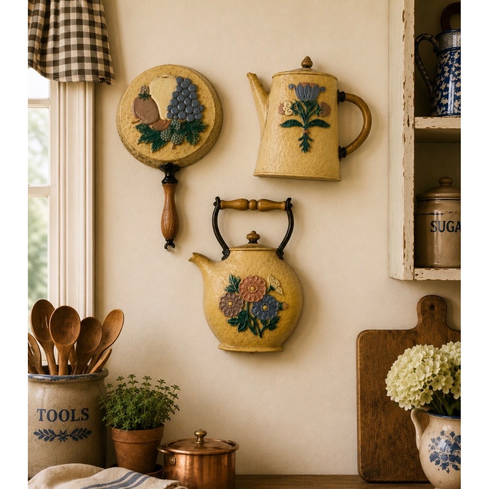 Vintage 1995 Home Interiors & Gifts Kitchen Wall Plaques Set 3 Yellow Teapots